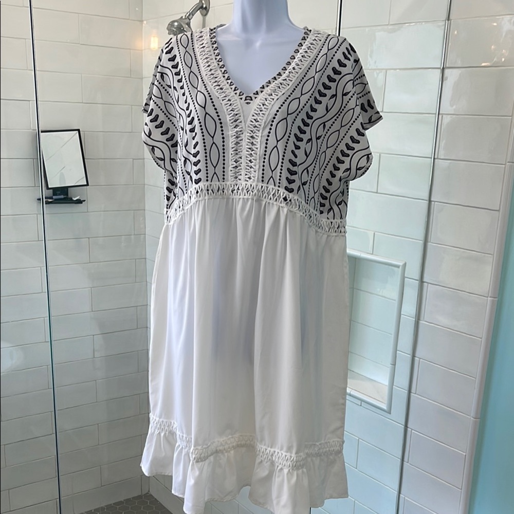 Elegant White and Black Embroidered Dress